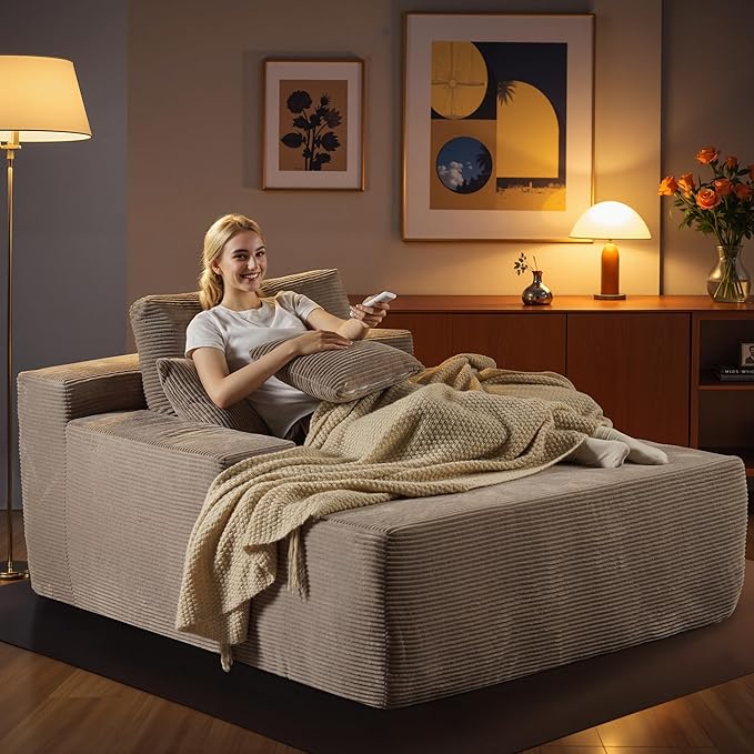 Chaise Lounge Chair Indoor, 67" Oversized Comfy Corduroy Sleeper Sofa Bed, Boneless Upholstered Recliner Bed with Pillows and Wide Armrests, Modern Cloud Couch for Living Room, Camel