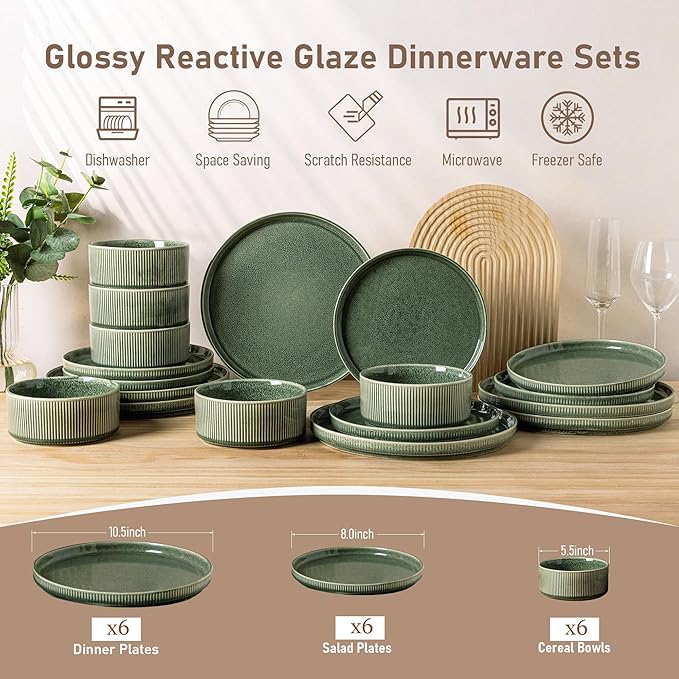 GBHOME Stoneware Dinnerware Sets for 6,Round Reactive Glaze Ceramic Plates and Bowls Set,Highly Scratch Resistant| Dishwasher & Microwave Safe Dishes Set,Service for 6(18Pcs)