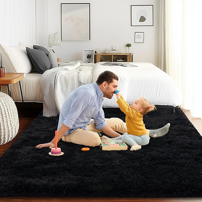 Black Area Rug for Bedroom, 4x6 Rugs for Living Room Nursery Kids Room Dorm Home Decor Aesthetic, Fluffy Shaggy Rug with 4 Anti-Slip Carpet Tapes
