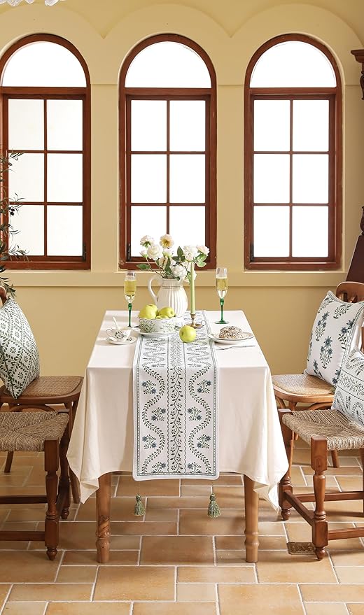 ISAENNE Designer White Elegant Linen Table Runner 71 Inches Long,Chinoiserie Floral Decor Durable Table Runners for Dining Tables,Thanksgiving,Kitchen Tables,Christmas,12"*71"-Mosella D