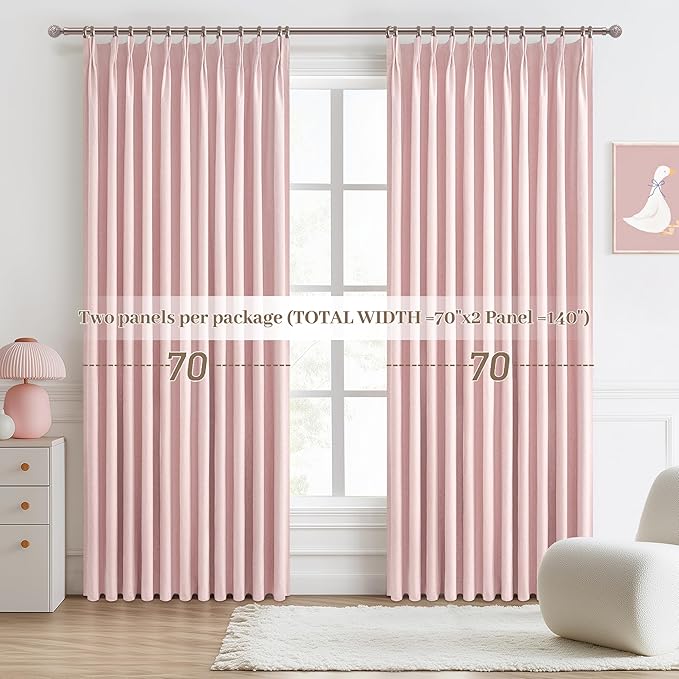 Baby Pink Extra Wide Curtains 70 Inches Wide for Grils Bedroom 2 Panels Set, Heavy Duty Pinch Pleated 84 Inch Long Linen Blackout Sliding Door Window Curtains Thermal Privacy Drapes(70"Wx84" Lx2)