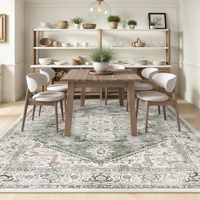 LIVEBOX Washable 9x12 Area Rugs, Large Rugs for Living Room Boho Soft Non-Slip Rug, Low-Pile Vintage Medallion Rug, Retro Indoor Carpet for Dining Room Bedroom Office Sage Green
