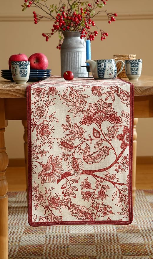 Designer Chinoiserie Elegant Linen Table Runner 87 Inches Long,Red Floral Pattern Decor Table Runners for Thanksgiving,Dining Room,Banquet,Kitchen Tables,Christmas,12"*87"-Ruyi A