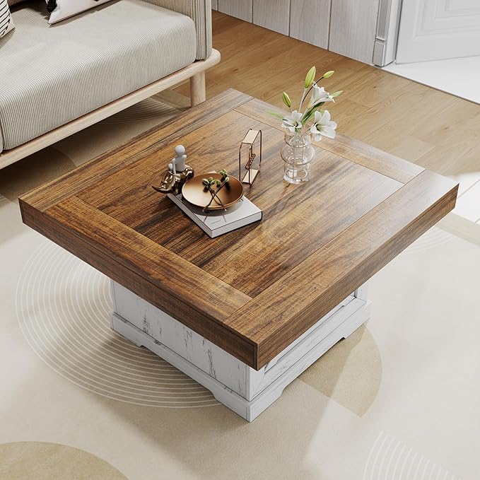 Coffee Table 31.5 in Farmhouse Center Table with X Design Wooden Pedestal for Living Room, Easy Assembly Small Square Home Office Tea Accent Table for Dining Room Apartment, Antique White