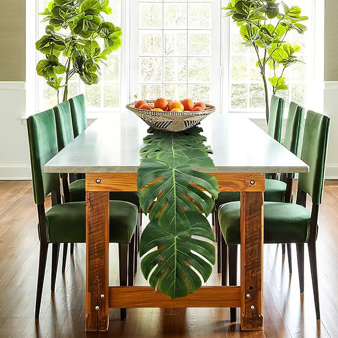 AerWo 4Pcs Artificial Palm Leaves Table Runners 72 Inch, Tropical Palm Leaves Table Runner Faux Leaf Table Cloth for Wedding Hawaiian Luau Jungle Summer Party Tropical Baby Shower Table Decorations