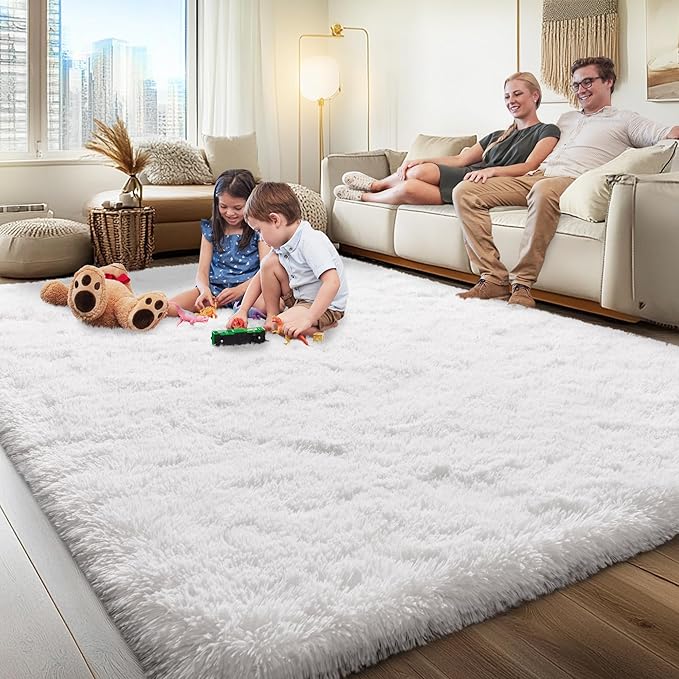 8x10 Area Rugs for Living Room, White Fluffy Shaggy Rug Soft Carpets, Big Rugs for Bedroom Nursery Kids Room Dorm Home Decor Aesthetic