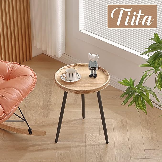 Tiita Round End Table Mental Side Table Nightstand/Small Wood Tables Accent Coffee Table with Wooden Tray for Living Room Bedroom Office Small Space