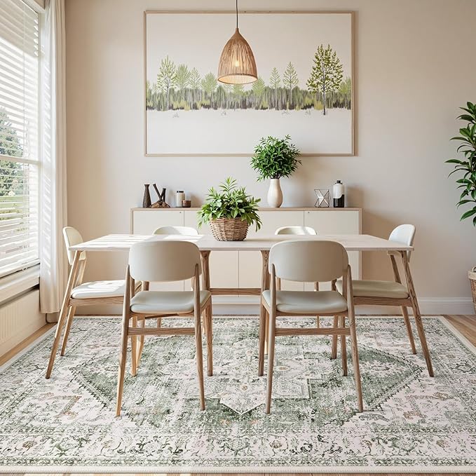 LIVEBOX Washable Area Rug 8x10 - Large Vintage Tribal Living Room Rug Oriental Rugs for Bedroom, Non-Slip Retro Medallion Carpet Print Distressed Rugs for Dining Room Home Office Sage