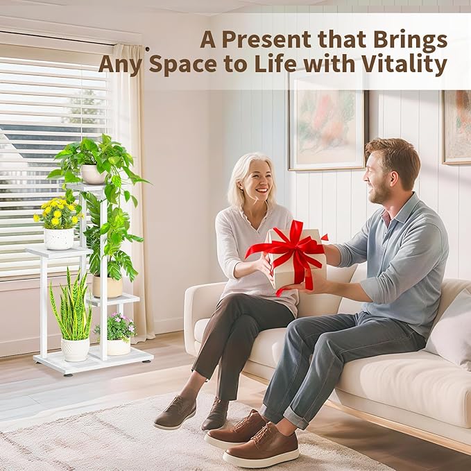 LASZOLA White 4 Tiered Wood Plant Stand Indoor for Large Heavy Duty Planter, Sturdy Multi Level Corner Vertical Flower Rack for Narrow House, Rustic Tall Orchid Shelving Holder for Decor, Space Saving