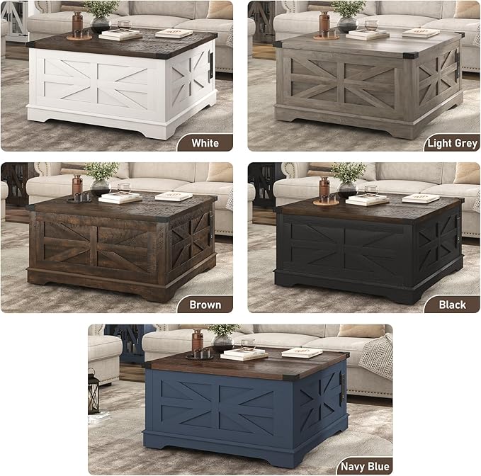 36" Farmhouse Movable Lift Top Coffee Table with Storage and Power Outlets, Square Wood Living Room Tables with Wheels&Large Hidden Space, Lift Wooden Barn Door Center Table, Blue