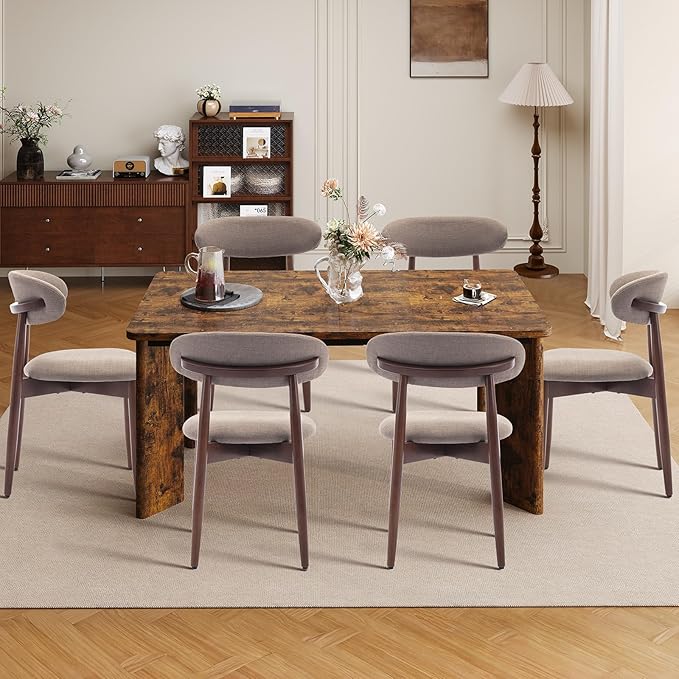 9-Piece Rectangular Dining Table Set for 8, 63" Industrial Kitchen Table with 8 Wooden Upholstered Dinner Chairs for Dining Room, Kitchen, Living Room, Brown+Camel