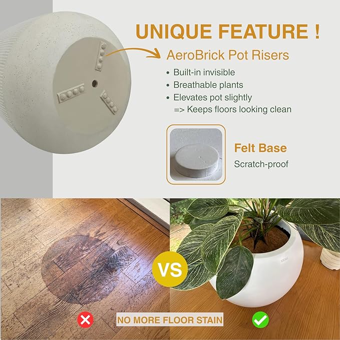 18.7" H x 16.9" D Ribbed Radius Fiberstone Round Planter with Drainage Hole, Weather Resistant for Indoor and Outdoor Use, Included 2 Extra Coco Mats (Frost Grey, 15" Pot Opening)