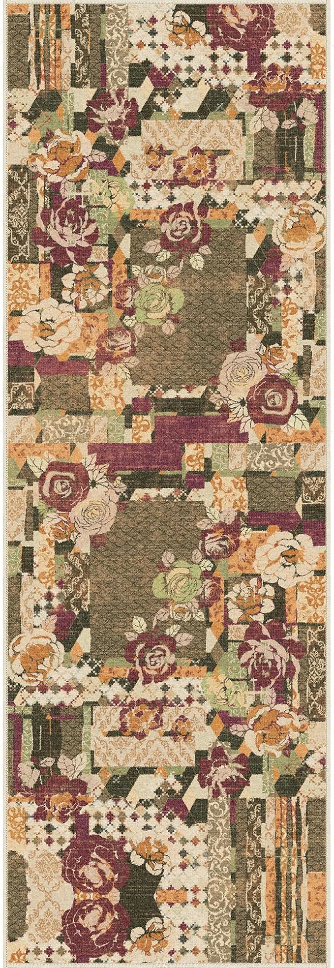 GENIMO Floral Runner Rug 2'6''x8, Machine Washable Non Slip Vintage Patchwork Hallway Runner, Ultra-Thin Low Pile Runners for Indoor Entryway, Hallway, Kitchen and Corridor, Auburn Cinnamon