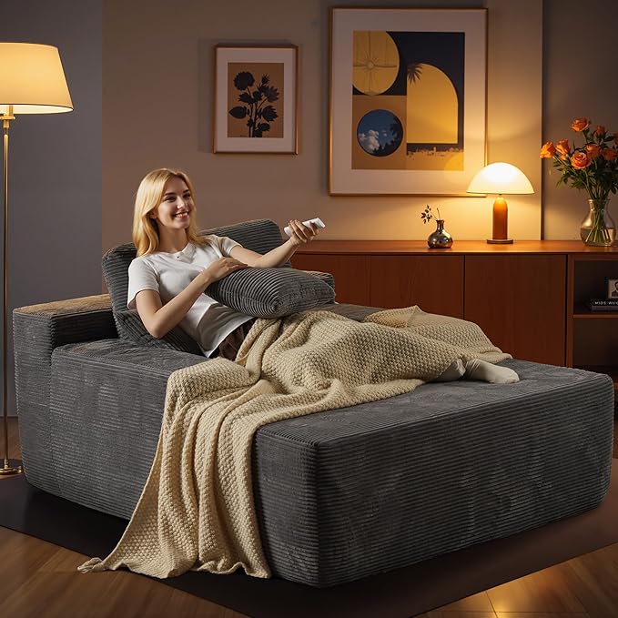 Chaise Lounge Chair Indoor, 67" Oversized Comfy Corduroy Sleeper Sofa Bed, Boneless Upholstered Recliner Bed with Pillows and Wide Armrests, Modern Cloud Couch for Living Room, Grey