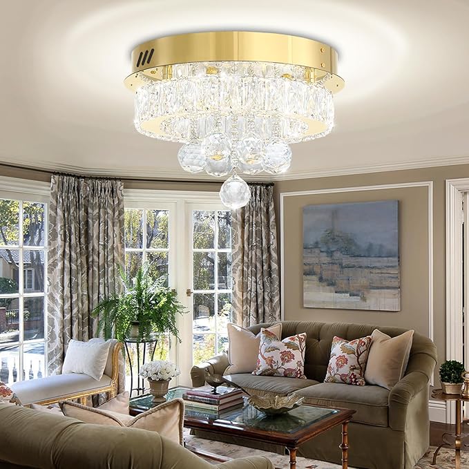 Flashing God 12" Modern Crystal Chandeliers Flush Mount Ceiling Light Gold Chandelier for Hallway LED Dimmable Light Fixture for Dining Room Living Room Bedroom
