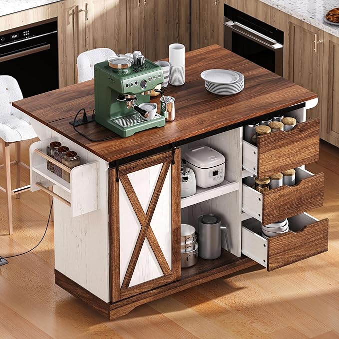 55.5" Farmhouse Kitchen Island with Drop Leaf, Kitchen Storage Island with Barn Door, Power Outlet, for Home, Kitchen, Dining Room, White