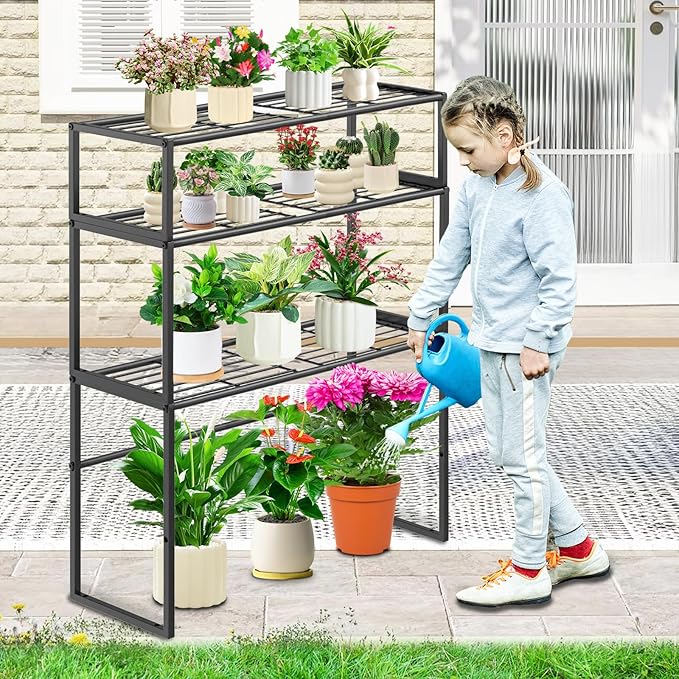 Metal Plant Stand Indoor Outdoor, 3 Tier Potted Multiple Flower Pot Holder Rack Plant Shelf, Heavy Duty Planter Display Shelving for Patio Balcony Garden Living Room Decorative (Black-3 Tier)