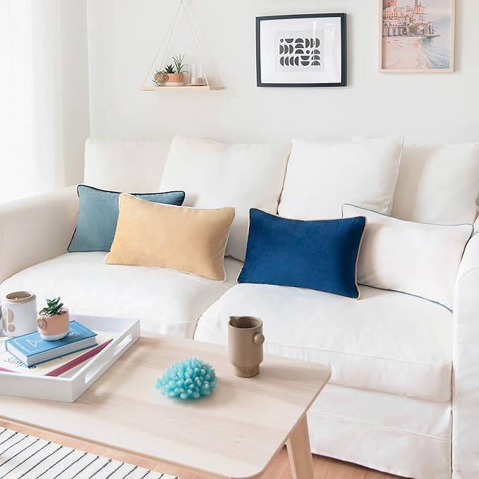 MONDAY MOOSE Decorative Throw Pillow Covers Cushion Cases, Set of 4 Soft Velvet Modern Double-Sided Designs, Mix and Match for Home Decor, Pillow Inserts Not Included (12x20 inch, Blue/Beige)