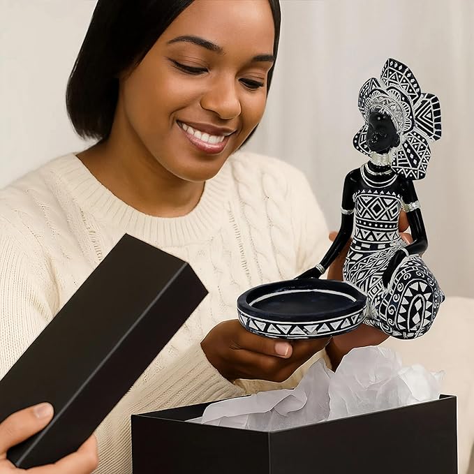 African Woman Candle Holder Statue – Tribal Resin Figurine for Tea Lights or Pillar Candles, Afrocentric Boho Home Decor for Living Room, Meditation Space, Bookshelf