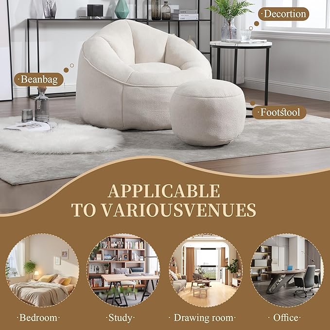 Bean Bag Sofa Chair with Foam Padded Velvet Bean Bag Chair with Soft Foam Padded Ottoman