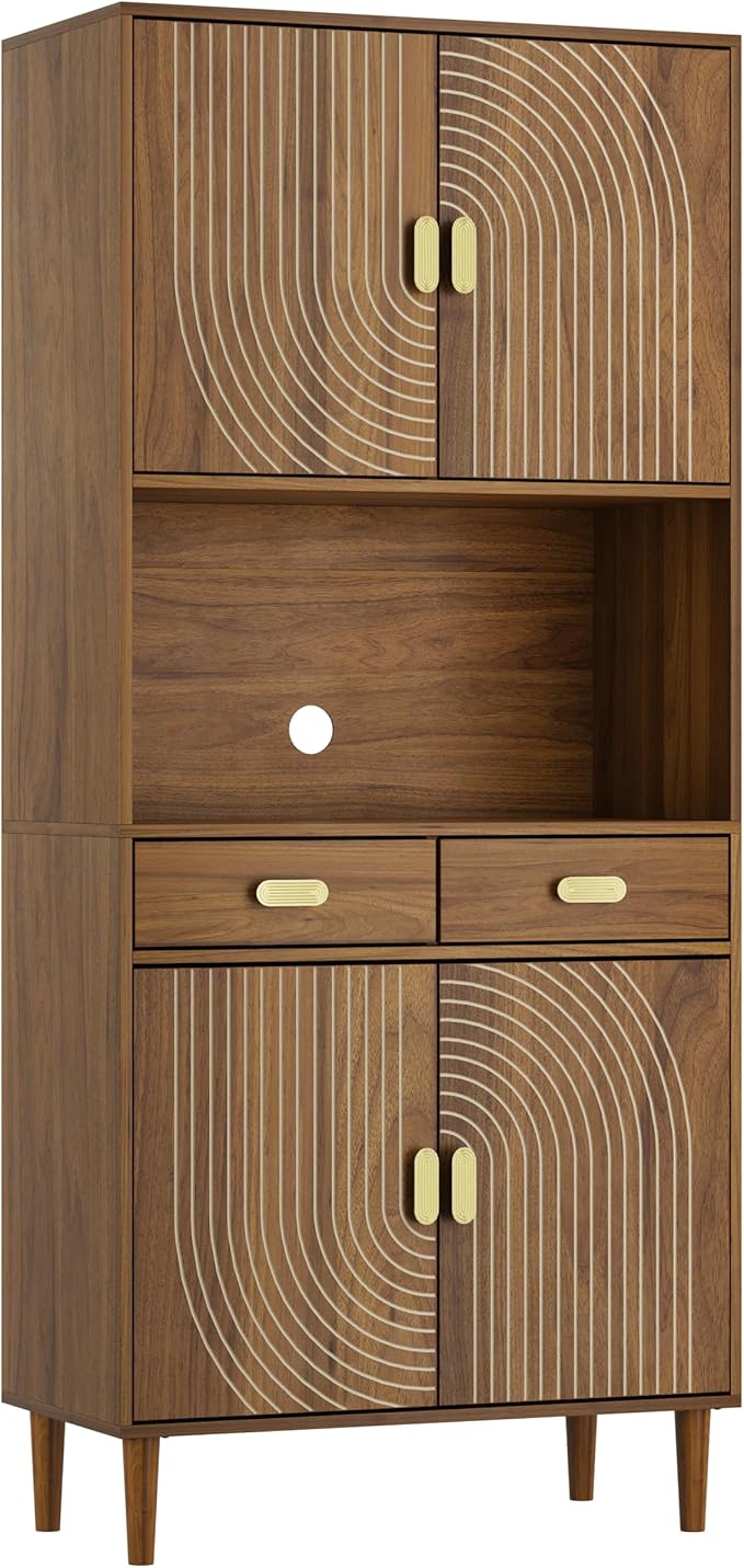 Smuxee 70.87" Walnut Kitchen Pantry Cabinet, Tall Food Pantry Cabinet with Line Groove Design, Kitchen Hutch with Microwave Stand for Dining Room Living Room