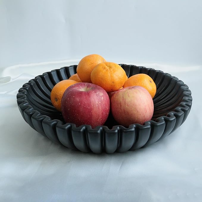 15" Large Decorative Bowl decor , Scalloped Decorative Bowls for Modern Home Decor,Ruffle Decor,Stylish Key Bowl for Entry Table,Decorative Fruit Bowl for Kitchen Counter,Artificial Stone Black
