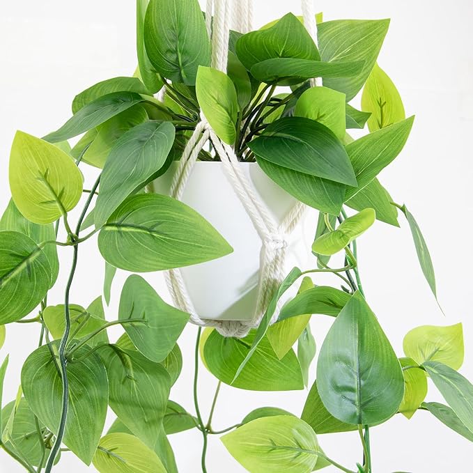 LOYWREE 2 Pack Artificial Hanging Plant Kit with Pot and Hanger - 39" Long Fake Pothos Vines - Hanging Potted Faux Plant Indoor for Wall Ceiling Bedroom Bathroom Living Room Home Decor (White Pot)