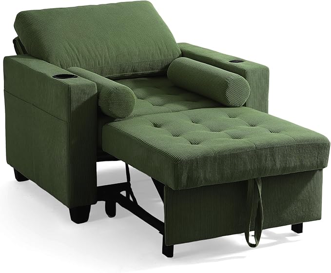 UIXE 3-in-1 Sleeper Chair Pull Out Sofa Bed, Convertible Reclining Seat Upholstered Armchair, Adjustable Backrest Recliner Chair with Side Pockets, Cup Holder & USB Ports - Green