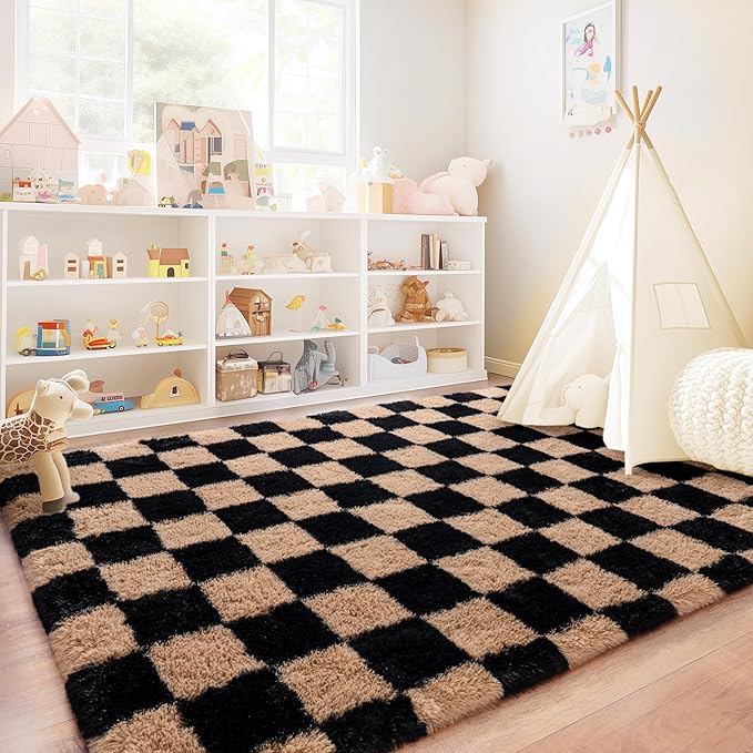 Checkered Rugs for Bedroom, Ultra Fluffy Fuzzy Shag Area Rug for Living Room 5x7, Modern Plush Soft Upgrade Non-Slip Carpet for Kids Girls and Boys Room Dorm Nursery Home Decor, Black and Beige