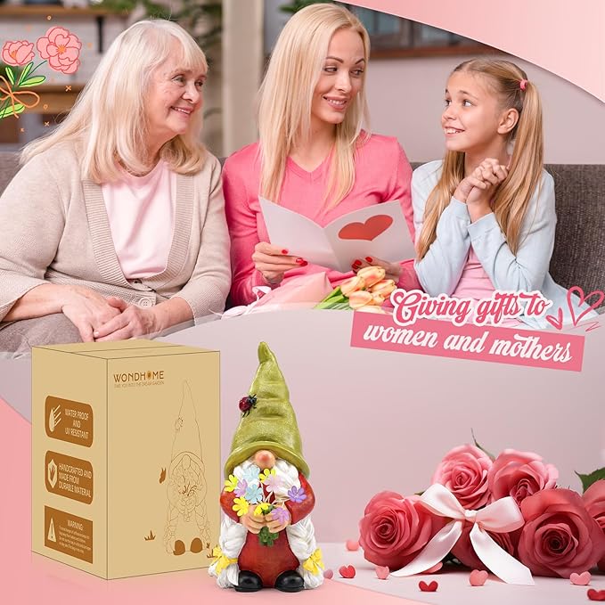 Solar Garden Gnome Lady Statues Outdoor Gnomes with Flowers Lights Fall Porch Patio Lawn Yard Decoration - Ideal Christamas Gardening Birthday Gifts for Woman Mom