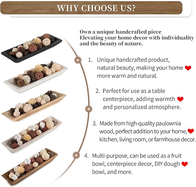 Hanobe Decorative Wood Dough Bowl: Large Long Wooden Centerpiece Table Decorations Natural Candle Holder Tray Decor Rustic Unfinished Centerpieces for Dining Room Kitchen Fruit Bowls, Burnt