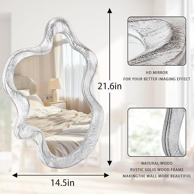 Asymmetrical Mirror Wood Frame Irregular Wall Mirror Unique Shape Wavy Wall Mirror Modern Artistic Cloud Mirror Decorative for Living Room Bedroom Cloakroom Bathroom Entryway Hallway White