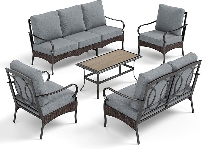 PHI VILLA Outdoor Modern Patio Furniture Set, Upgraded Wicker&Metal Patio Furniture Conversation Set with Waterproof Thick Cushions for Porch, Poolside, Deck, and Yard (5 Pieces,Grey)