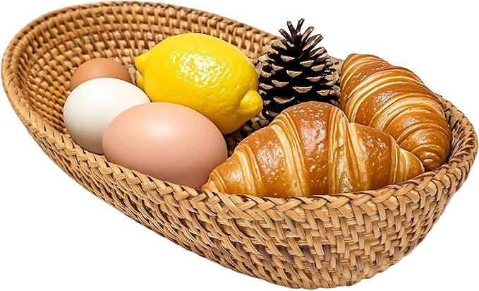 i-lan Large Size Handmand Oval Bread Serving Basket, Natural Rattan Fruit Bowl, Coffee Table Tray for Food Storage, Snack, Vegetable, Honey Brown (L: 12.5")