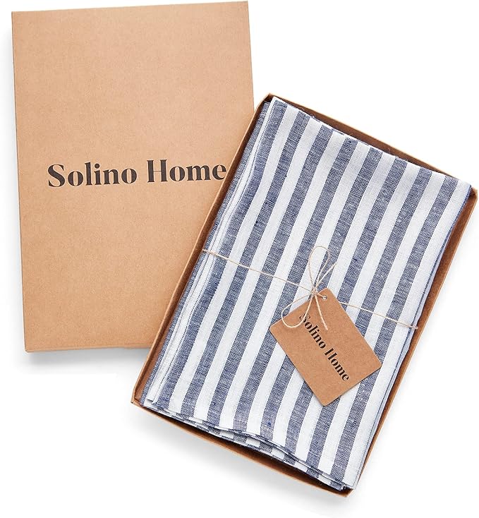 Solino Home Linen Napkins Set of 4-100% Pure Linen Amalfi Stripe Navy and White Cloth Dinner Napkins 20 x 20 Inch for Fall, Autumn, Thanksgiving, Christmas - Handcrafted and Machine Washable