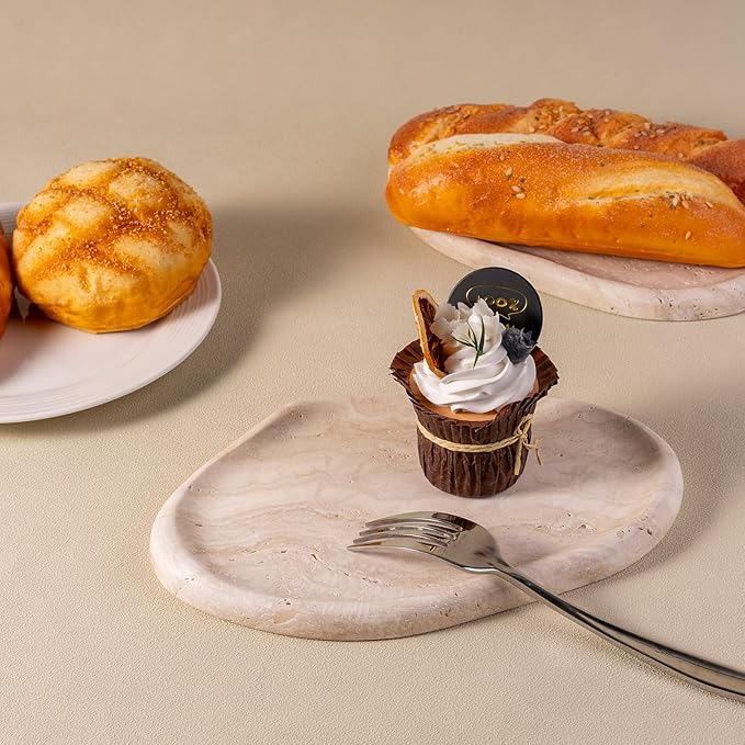 BCS Marble Jewelry Tray Trinket Dish, Decorative Cloud Vanity Key Tray for Women, Perfume Ring Holder Dish for Ring Earring, Cute Jewelry Plate Bowl Aesthetic Room Decor(Beige Travertine)