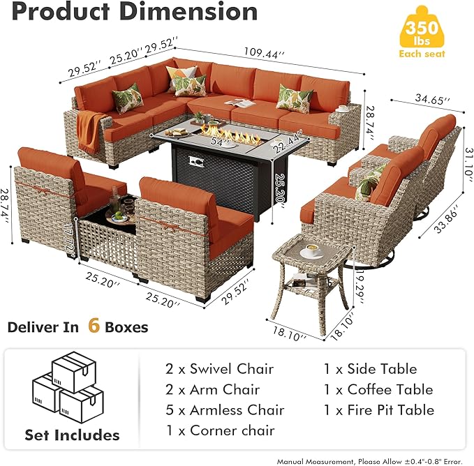 HOOOWOOO Outdoor Sectional Patio Furniture Set with Fire Pit Table,13 Pieces Wicker Conversation Sets L Shaped Couch,Extra Deep Out Door Sofa Outside Furniture with Swivel Chairs,Brick Red