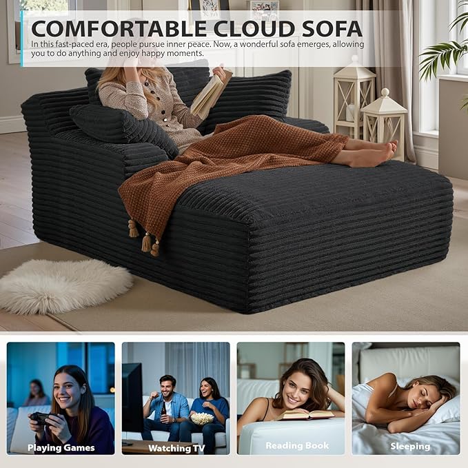 Oversized Chaise Lounge Chair Indoor, Boneless Reading Sleeper Chair Upholstered Corduroy Sofa Bed with Throw Pillows, Cozy Cloud Couch for Living Room, Bedroom, Apartment, Black