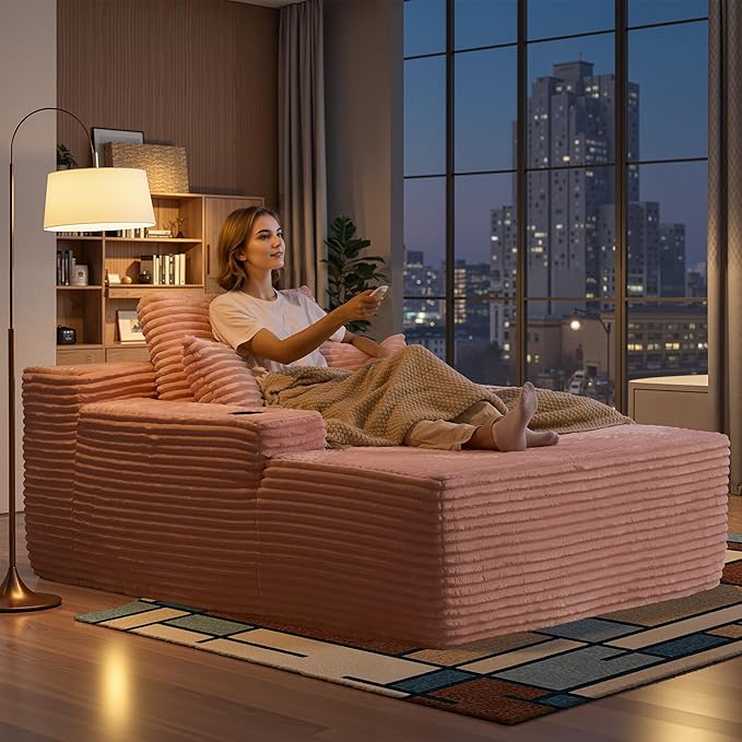 Chaise Lounge Chair Indoor, 67" Oversized Comfy Plush Fur Sleeper Sofa Bed with Cup Holders and Wide Armrests, Boneless Upholstered Recliner Bed, Modern Cloud Couch for Living Room, Pink