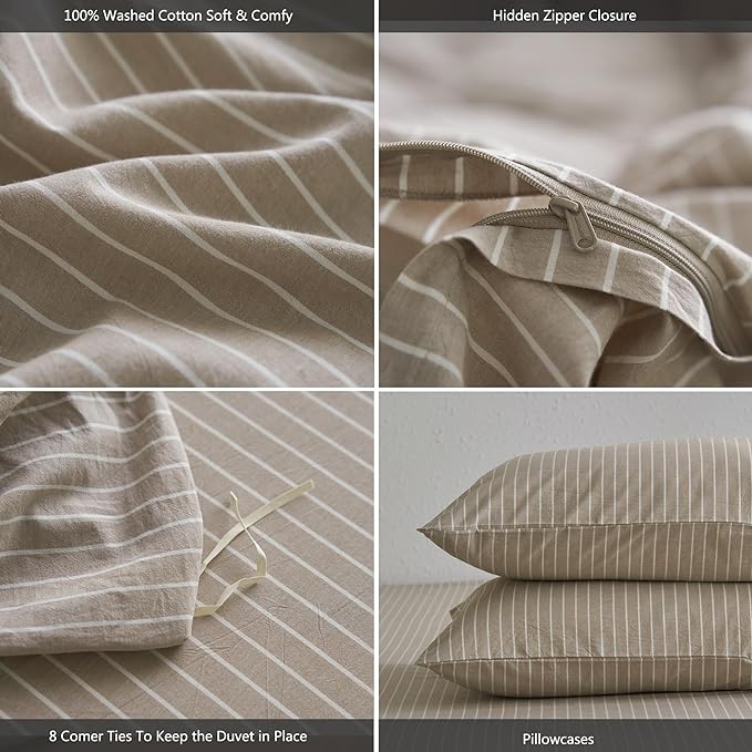 MooMee Striped Duvet Cover Set 100% Washed Cotton Linen Like Textured Breathable Durable Soft Comfy (Tannish Linen Grey White Wide Stripes, Super Queen 90"x98")