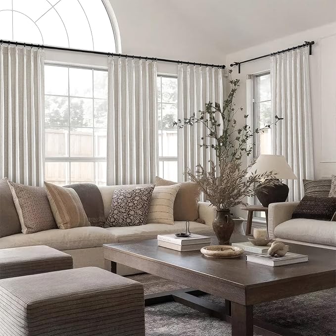 Topfinel 100% Blackout Linen Curtains 80 Inch Length,Pinch Pleated Oatmeal Back Tab Drapes with Hooks Room Darkening Heat Reducing Farmhouse Rustic Lined Draperies for Bedroom Baby Room 2 Panels Set