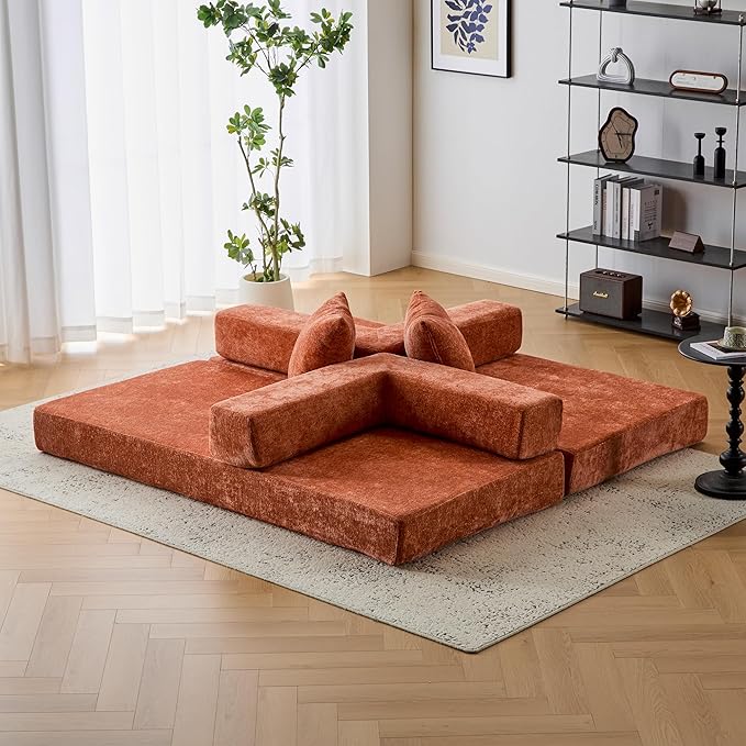 Convertible Floor Sofa Bed with Fixed-Shape Frame, Modular Chenille Folding Mattress Couch with Armrest, Floor Sofa Lounge Couch for Living Room Bedroom Lounge Studio,Burnt Orange