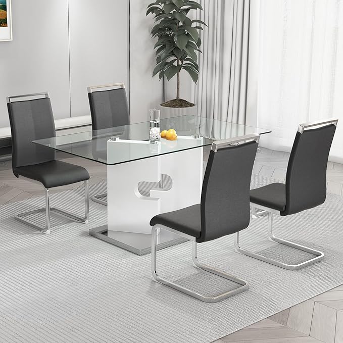 Glass Dining Table Set of 4, 63" Dinner Room Glass Table Set for 4, Modern Kitchen Dinner Table Set with 4 Upholstered Faux Leather Dining Chairs for Living Dining Office Room