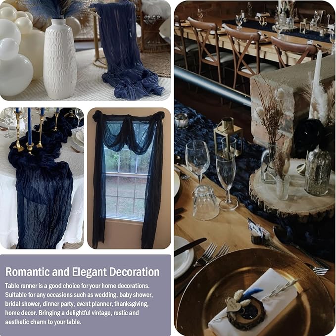 8 Pack 10 ft Navy Blue Cheesecloth Table Runner 35x120 Inches Boho Gauze Rustic Cheese Cloth Runners Long Romantic Sheer Table Runner for Wedding Bridal Shower Party Christmas Birthday Decor