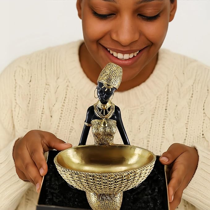 African Tribal Resin Statue - Handcrafted Gold Accent Figure with Bowl, Ethnic Home Decor Art Piece for Shelf & Table Display, Bohemian Gift Idea