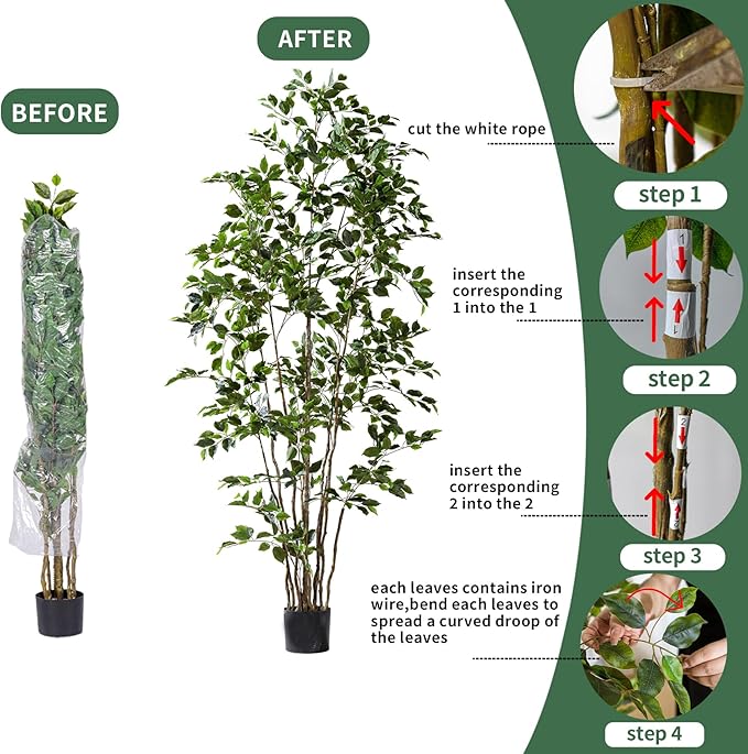 Artificial Ficus Tree Indoor 7ft, Large Potted Faux Tree with Realistic Silk Leaves & Trunk for Home Office, Living Room Corner Decor