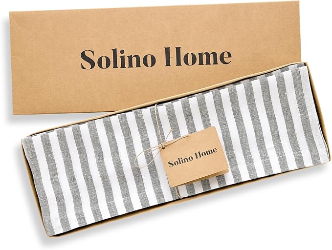 Solino Home Linen Placemats Set of 4 - Amalfi Stripe Grey and White Placemats 14 x 19 Inch - 100% Pure Linen Place Mats for Fall, Autumn