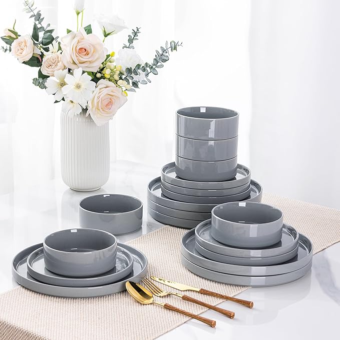 GBHOME Dinnerware Set for 6, 18 Piece Speckled Plates and Bowls Set with Glazed Bottom, Chip & Scratch Resistant Stoneware Plates Sets, Dishwasher & Microwave Safe Dishes, Limestone