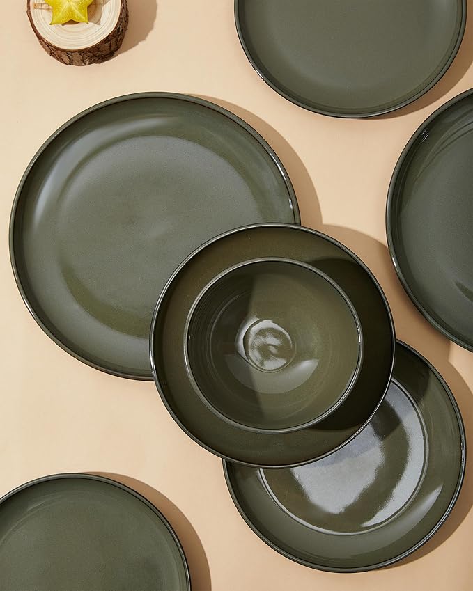 18 Piece Dinnerware Set for 6, Reactive Glaze Terracotta Plates and Bowls Set, Large Family-Sized Stoneware Dish Set for Gatherings, Chip and Scratch Resistant, Blackish Green