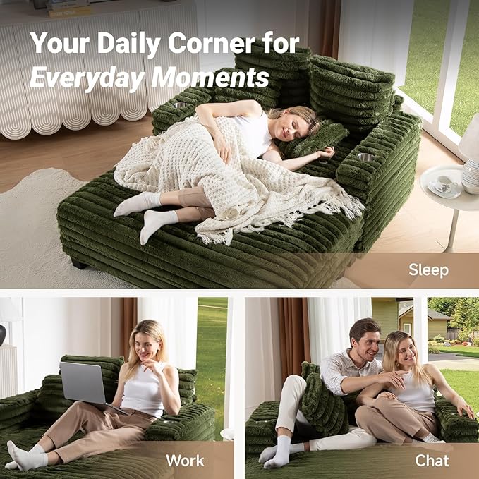 Chaise Lounge Chair Indoor, Amsleekey 64" Oversized Sleeper Chair with Wood Frame, Upholstered Sofa Bed for Living Room, Movie Room, Bedroom with 4 Storage Pockets&2 Cup Holders(Plush Corduroy, Green)